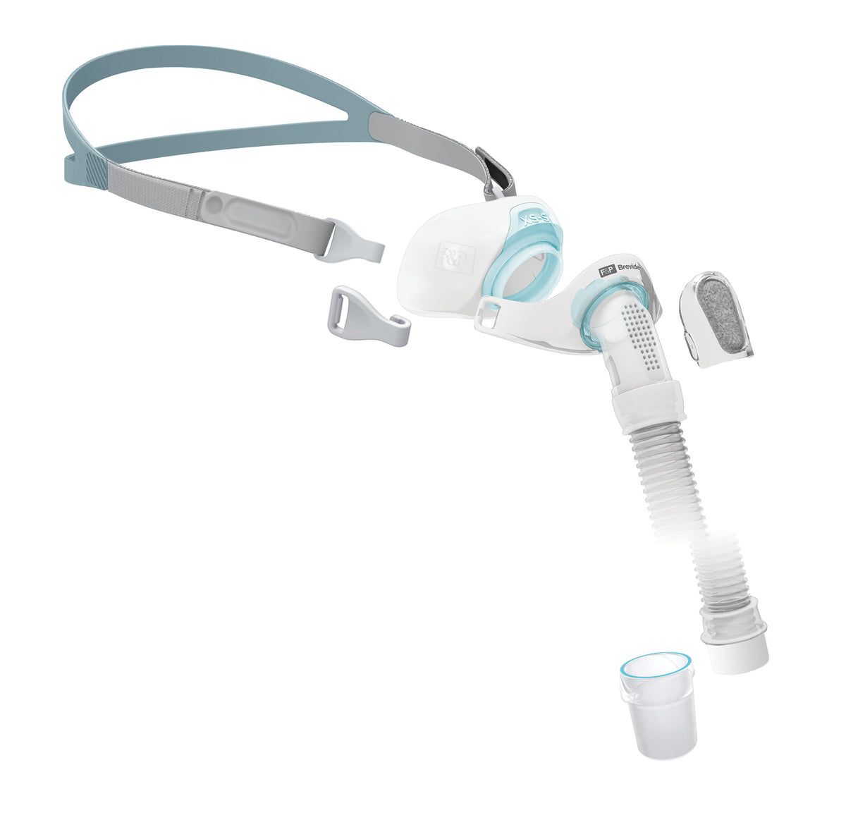Brevida nasal pillow mask with seal, swivel, elbow, diffuser, headgear, and clip