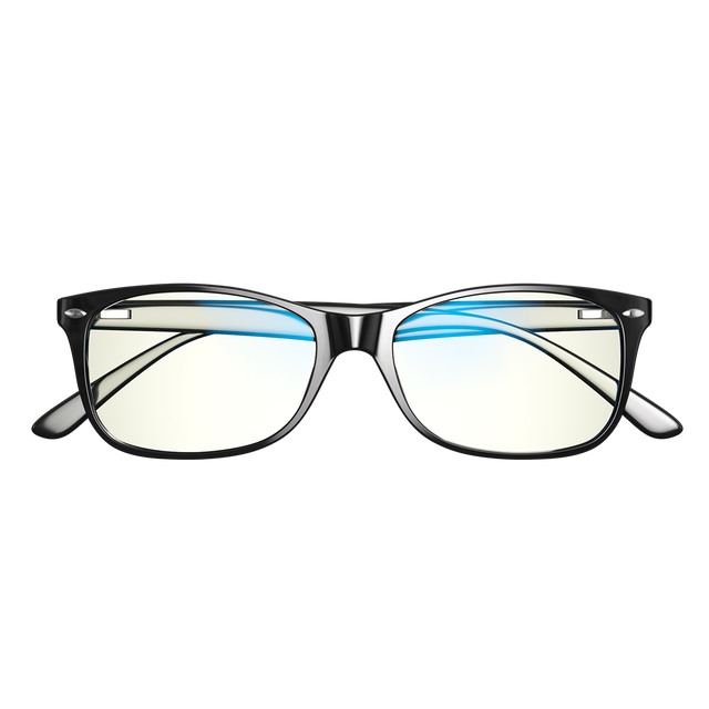 front view of black blue light blocking glasses