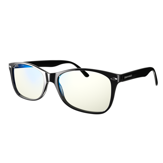 angled view of black blue light blocking glasses